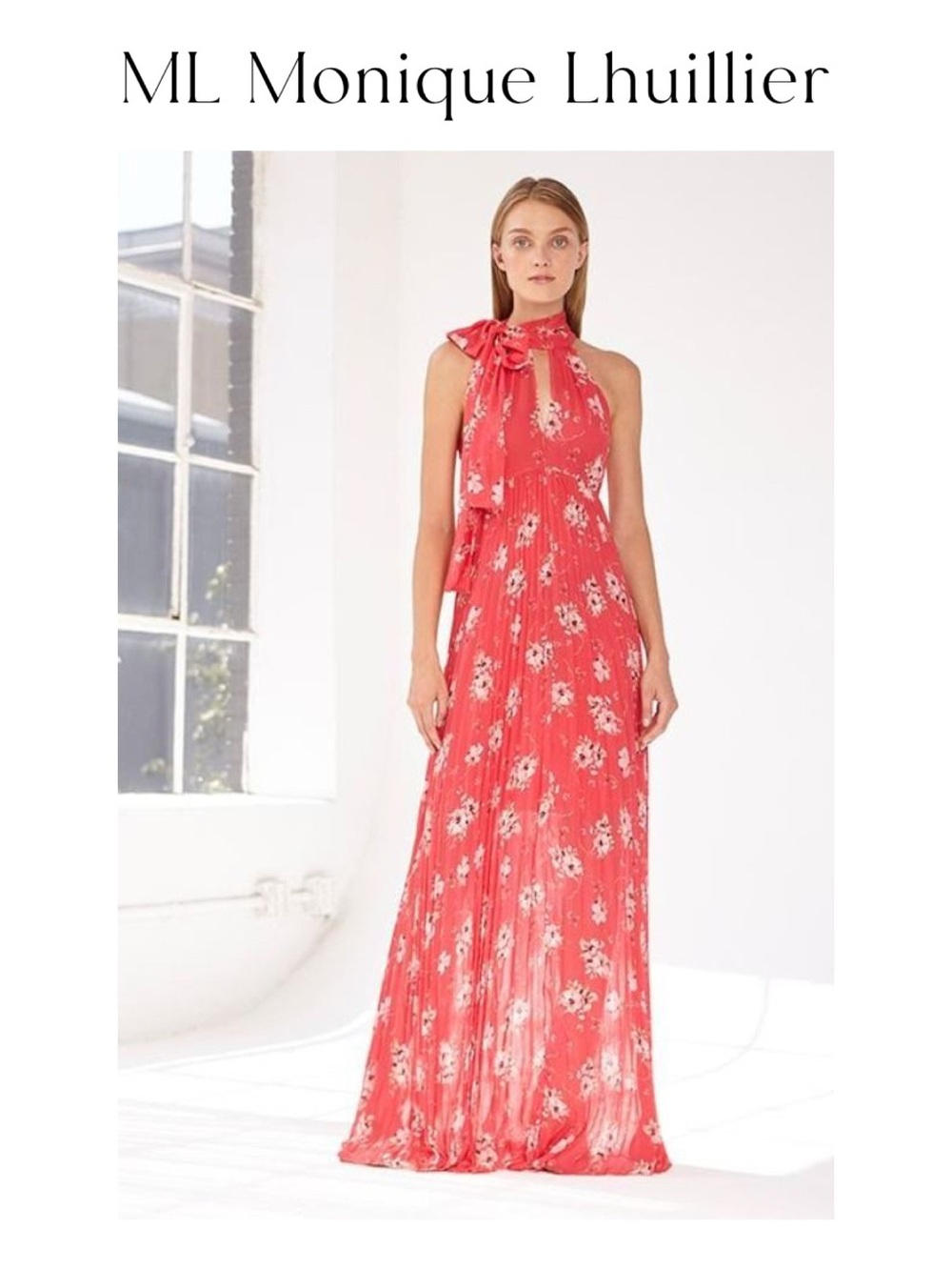 ML Monique Lhuillier Floral Pleated Gown in Coral